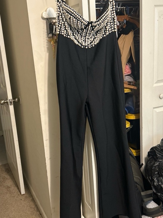 Fashion Nova Pants - Fashion Nova Black Wide-Leg Jumpsuit with Pearl Embellishment